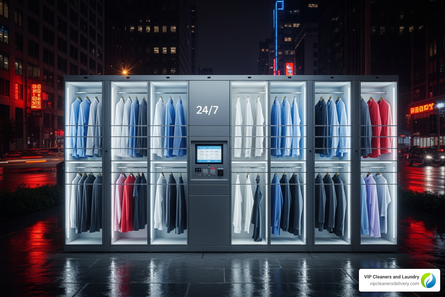 of a 24/7 dry cleaning locker system at night - dry cleaning drop off