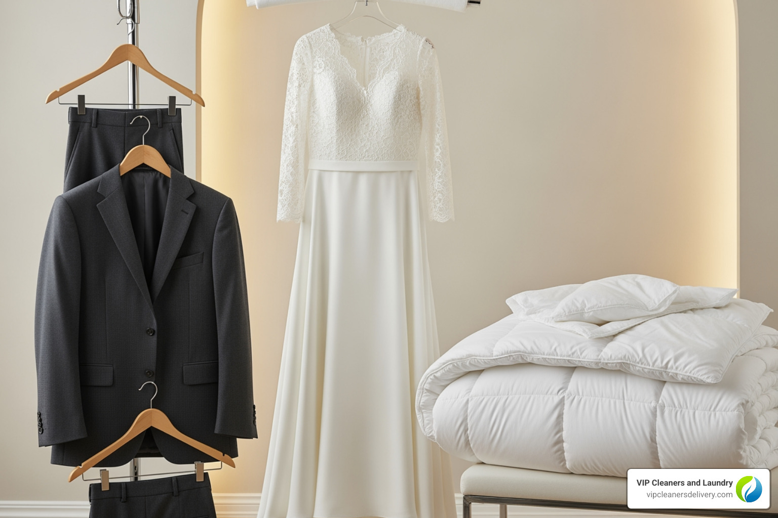 of a variety of freshly cleaned items including a suit, a comforter, and a wedding dress - dry cleaning drop off