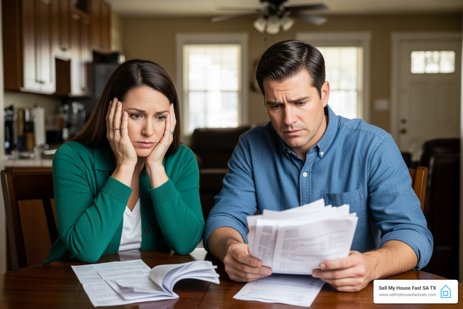 Stressed San Antonio couple reviewing home repair bills, "We buy houses as-is" overlay - can you sell a house as is without inspection Stressed San Antonio couple reviewing home repair bills, "We buy houses as-is" overlay - can you sell a house as is without inspection