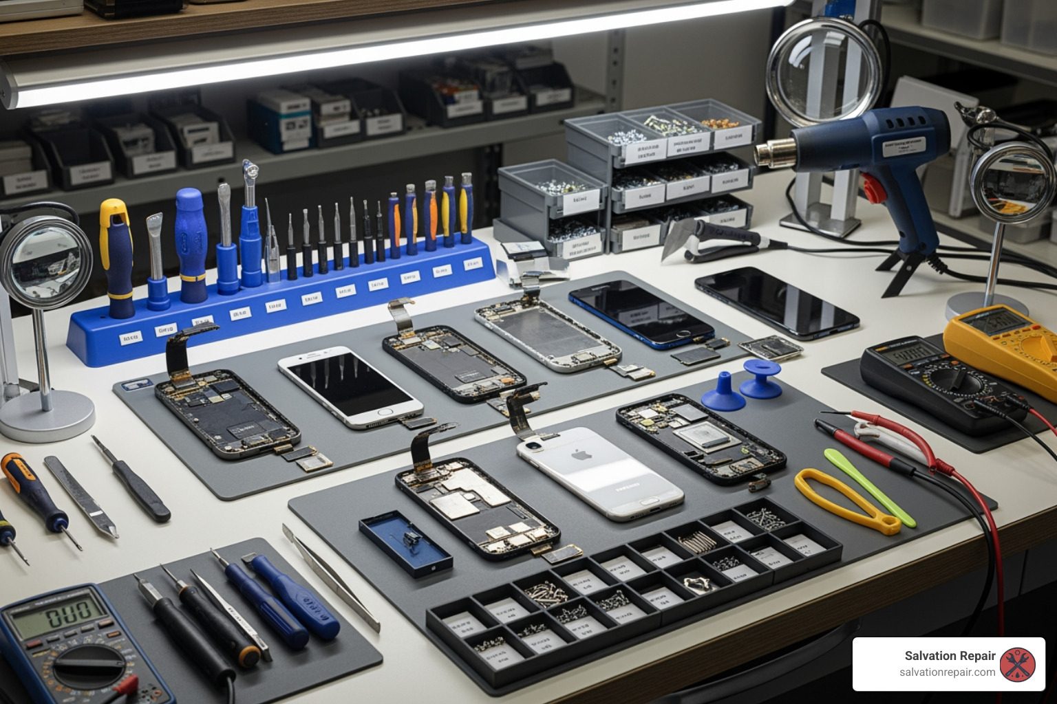 A technician's organized workbench with various phone models and tools laid out - smart phone repair laurel ms A technician's organized workbench with various phone models and tools laid out - smart phone repair laurel ms