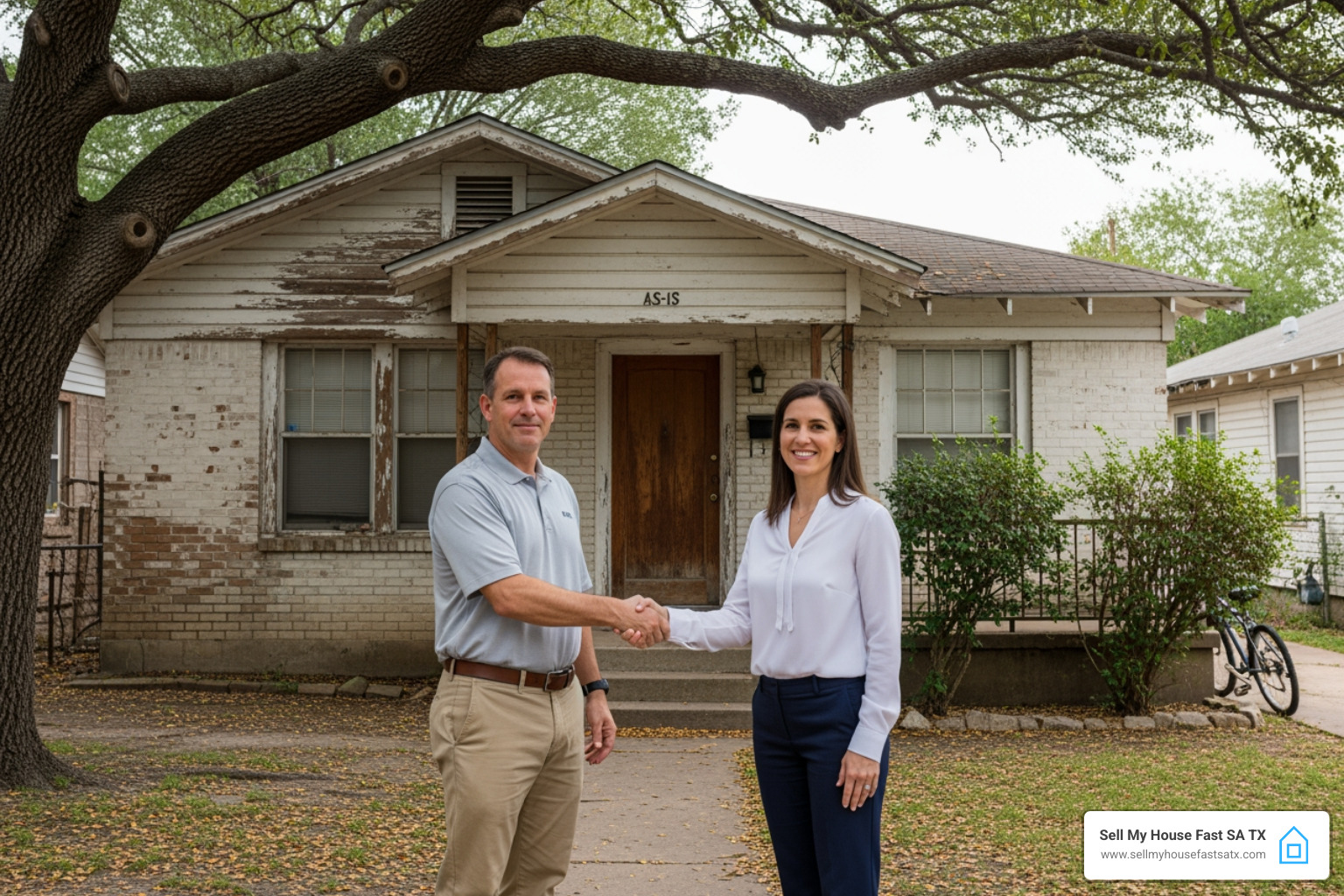 Handshake in front of a San Antonio house, "Sell as-is, no inspection" banner - can you sell a house as is without inspection Handshake in front of a San Antonio house, "Sell as-is, no inspection" banner - can you sell a house as is without inspection