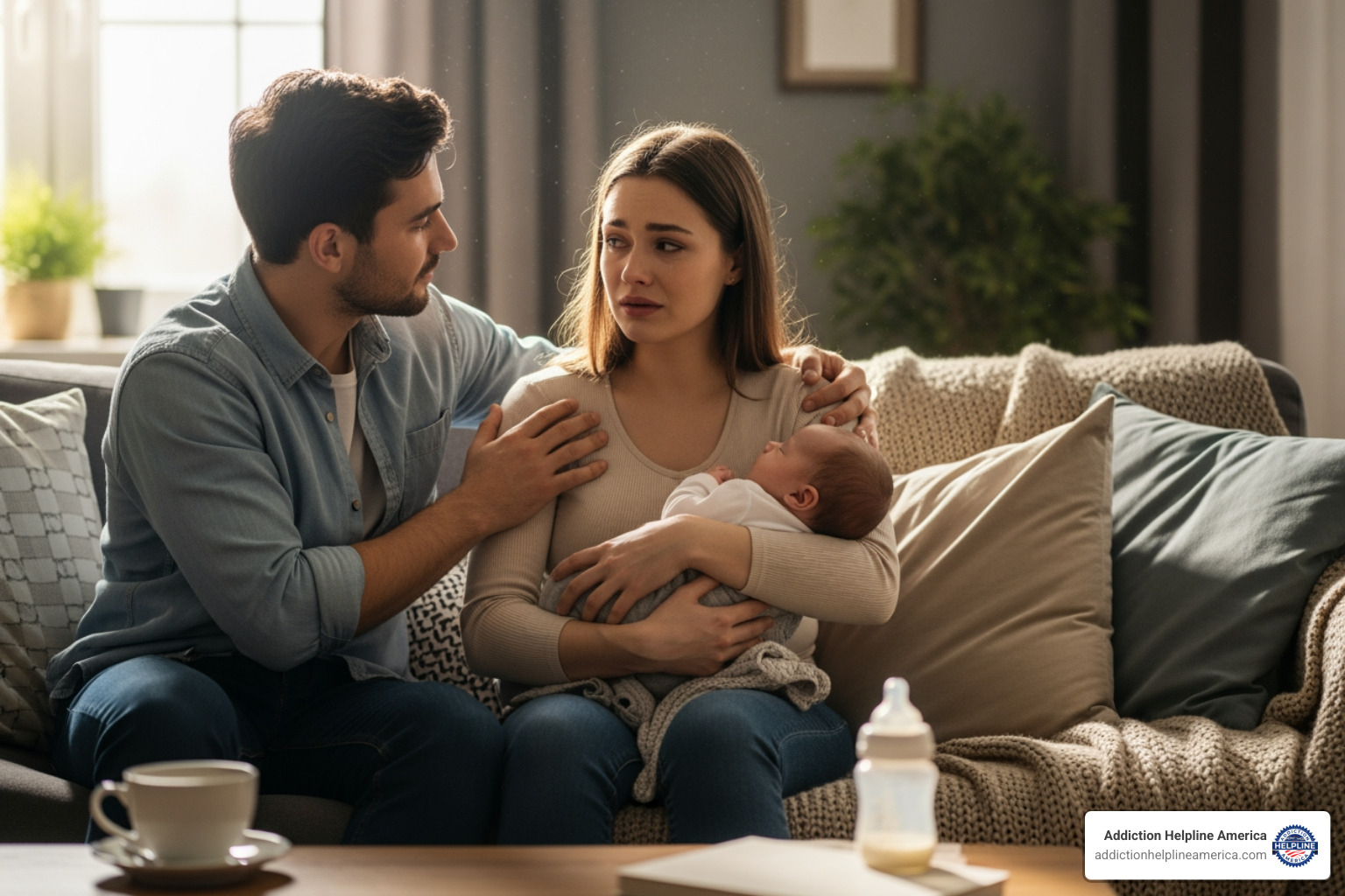 A supportive partner or friend comforting a new mother who looks overwhelmed - cbt for postpartum depression