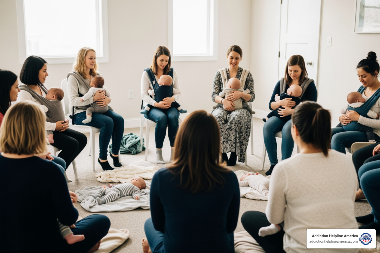 A diverse group of mothers and babies in a supportive group setting, perhaps a parenting class or support group - cbt for postpartum depression