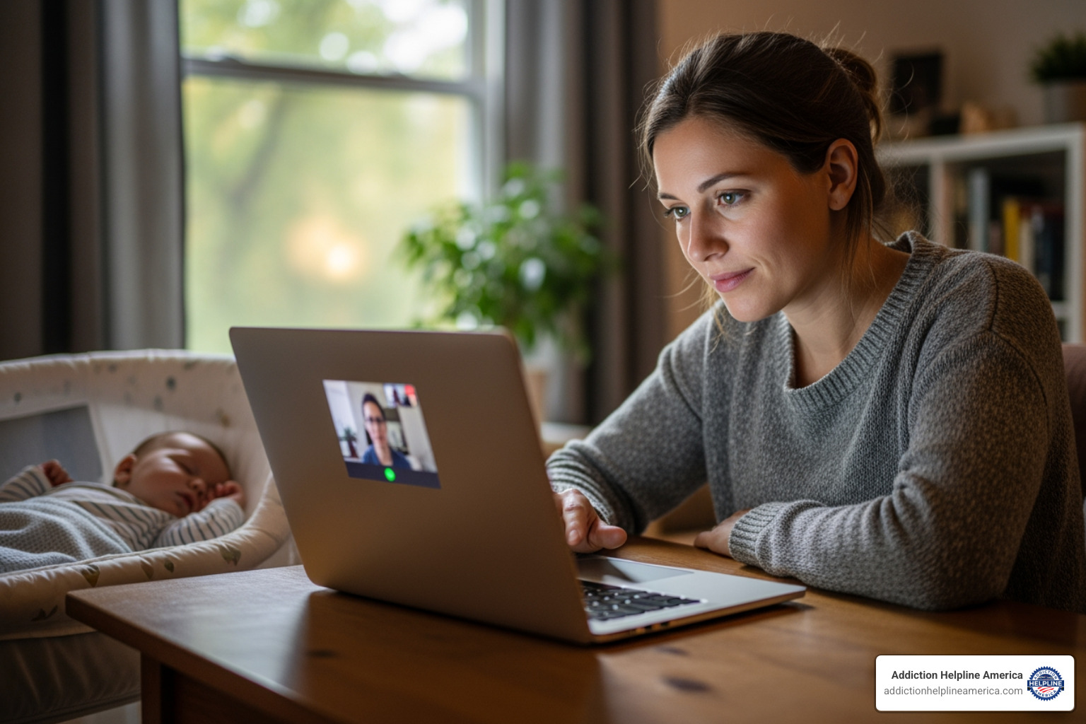 A woman participates in an online therapy session on a laptop, with a baby sleeping nearby - cbt for postpartum depression
