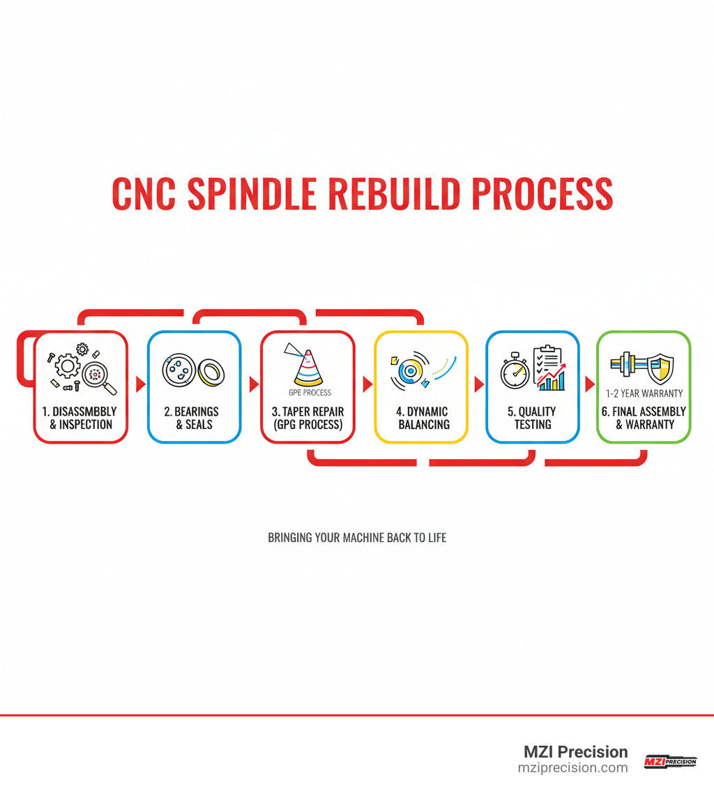 INFOGRAPHIC SHOWING THE MAIN COMPONENTS OF A CNC SPINDLE REBUILD: DISASSEMBLY AND INSPECTION, BEARING AND SEAL REPLACEMENT, TAPER REPAIR USING GPG PROCESS, DYNAMIC BALANCING, QUALITY TESTING, AND FINAL ASSEMBLY WITH WARRANTY - HAAS VF-4 REBUILD SPINDLE FOR SALE INFOGRAPHIC 