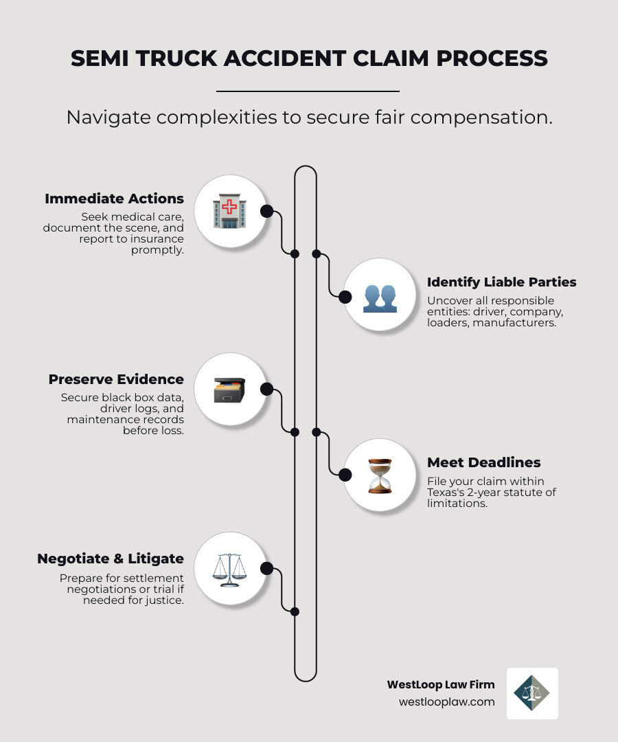 Infographic showing the semi truck accident claims process: immediate aftermath actions, identifying liable parties, evidence preservation including black box and driver logs, filing deadlines in Texas, negotiation phase, and potential settlement ranges based on injury severity - Semi truck accident claim infographic infographic-line-5-steps-elegant_beige Infographic showing the semi truck accident claims process: immediate aftermath actions, identifying liable parties, evidence preservation including black box and driver logs, filing deadlines in Texas, negotiation phase, and potential settlement ranges based on injury severity - Semi truck accident claim infographic infographic-line-5-steps-elegant_beige