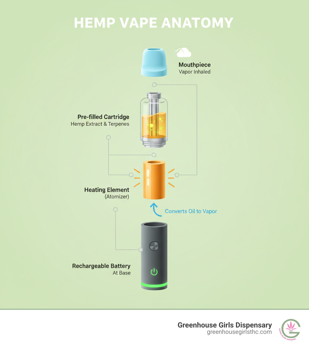 Infographic showing the basic anatomy of a hemp vape pen: rechargeable battery at the base, heating element (atomizer) in the middle that converts oil to vapor, pre-filled cartridge containing hemp extract and terpenes, and mouthpiece at the top where vapor is inhaled - hemp vapes infographic 