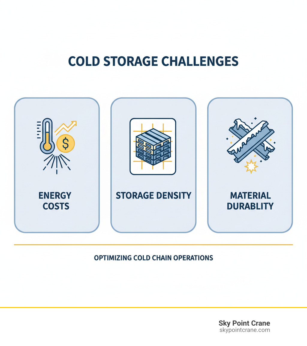 Infographic showing three main cold storage challenges: Energy costs represented by a dollar sign and thermometer, Storage density shown by compact pallet arrangements, and Material durability illustrated by impact-resistant steel beams with frost - cold storage pallet racking infographic 