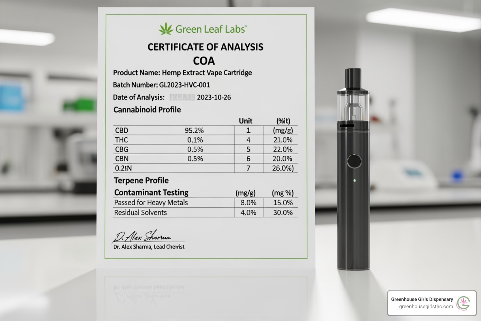 Certificate of Analysis (COA) lab report next to a hemp vape product - hemp vapes