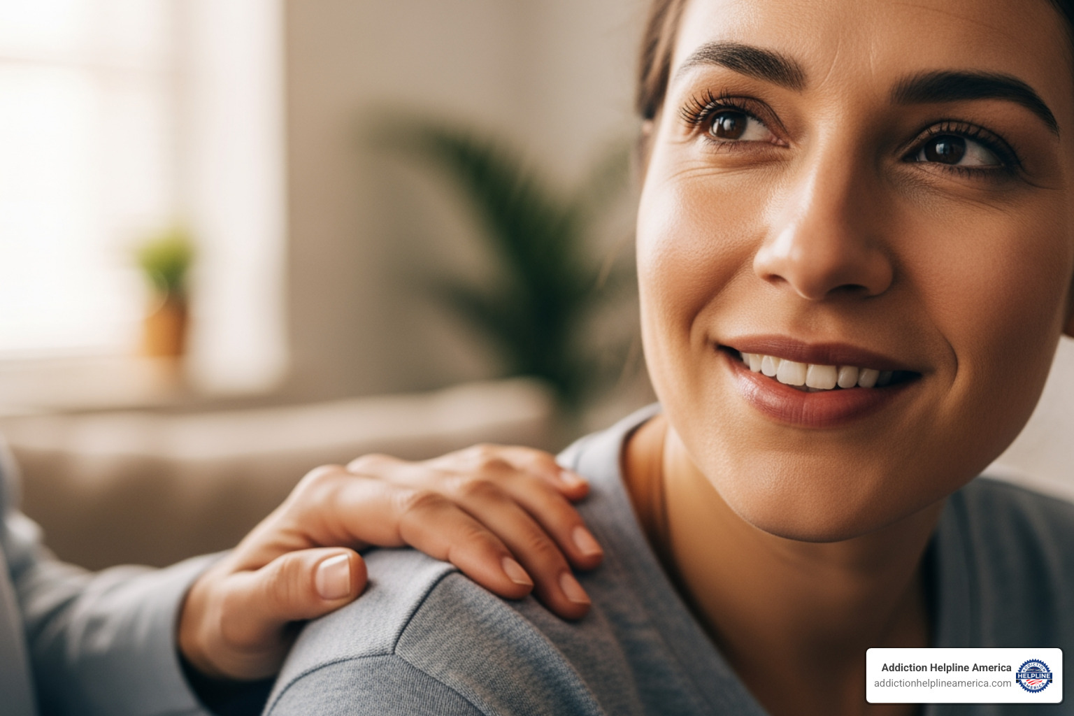 A person smiling and looking hopeful, with a supportive hand on their shoulder, symbolizing hope and healing - Inpatient bipolar treatment A person smiling and looking hopeful, with a supportive hand on their shoulder, symbolizing hope and healing - Inpatient bipolar treatment