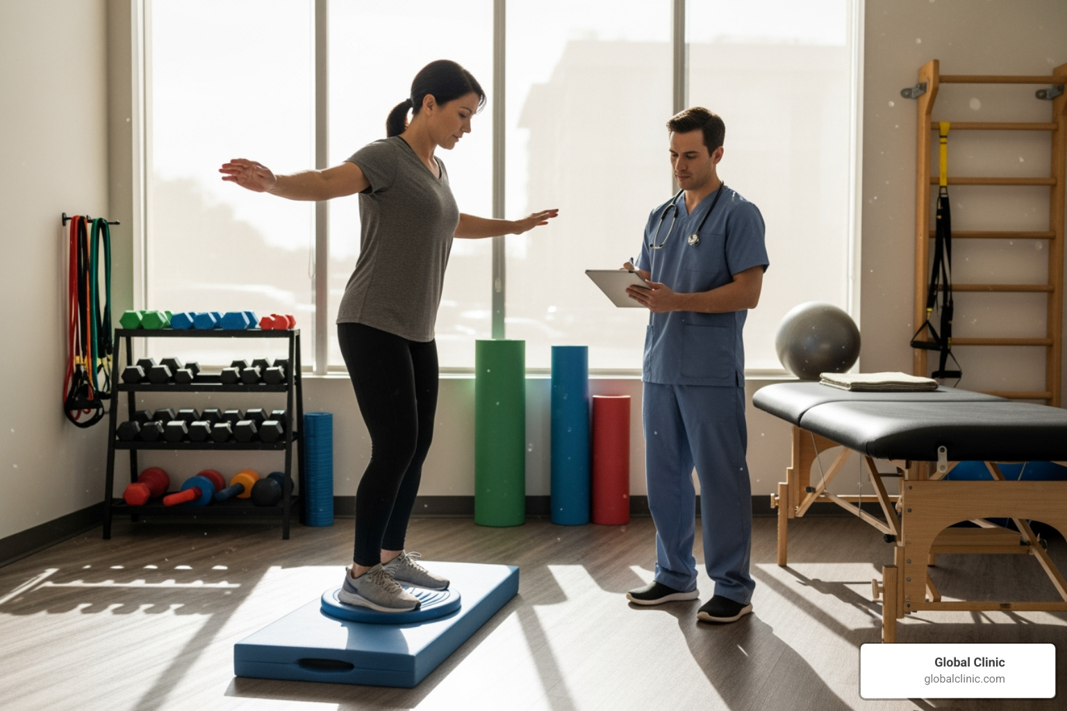 Patient performing a balance exercise on a foam pad - Physical therapy foot