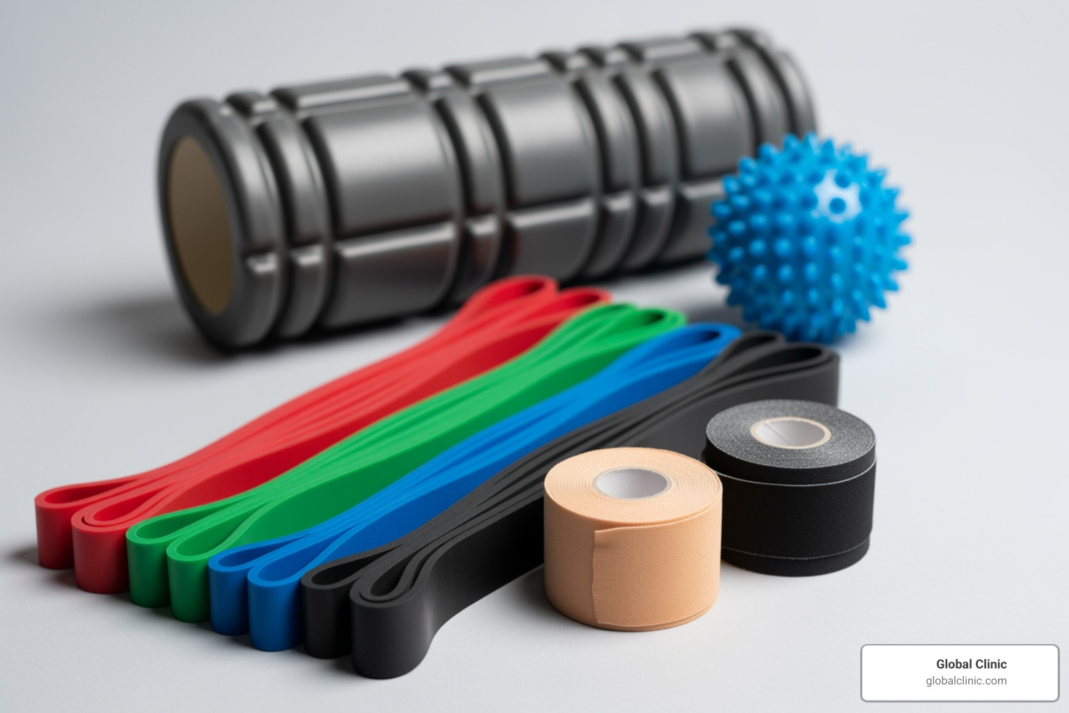Various physical therapy tools like resistance bands, kinesiology tape, and a foam roller - Physical therapy foot