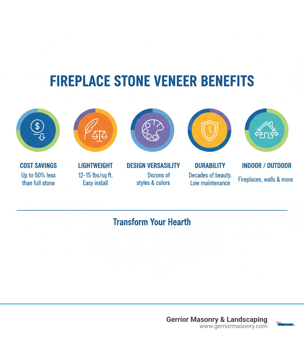 infographic showing fireplace stone veneer benefits including cost savings compared to full stone, lightweight installation at 12-15 lbs per square foot, design versatility with dozens of styles and colors, durability lasting decades with proper maintenance, and suitability for both interior and exterior applications - Fireplace stone veneer infographic 