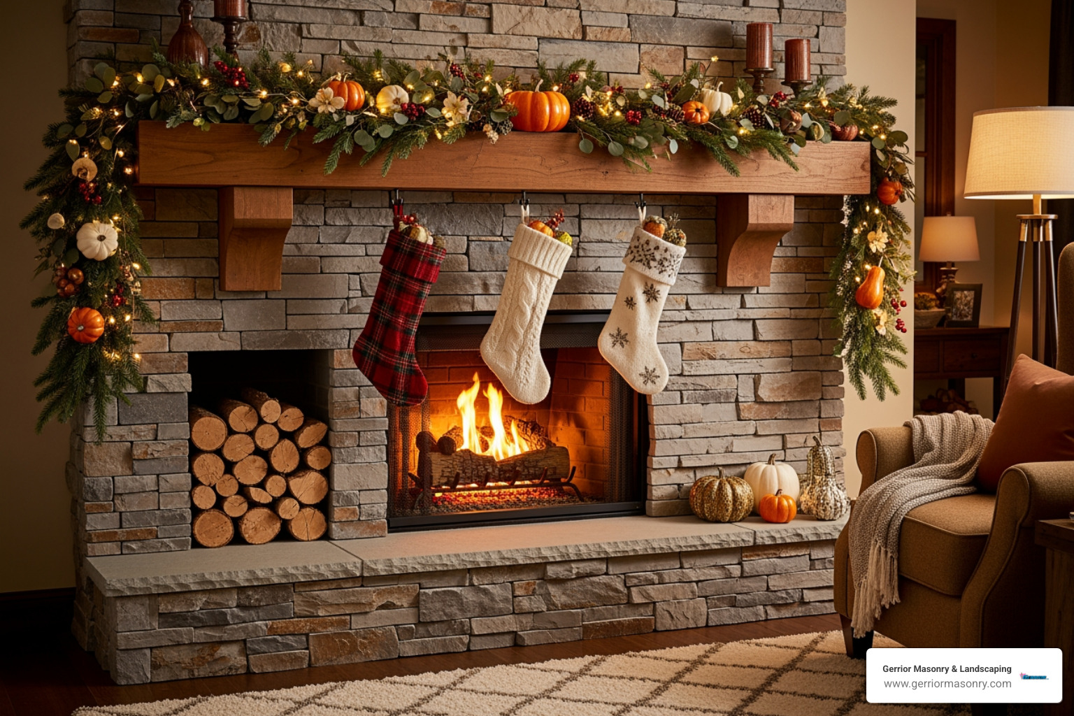 cozy finished fireplace with stone veneer decorated for the season - Fireplace stone veneer