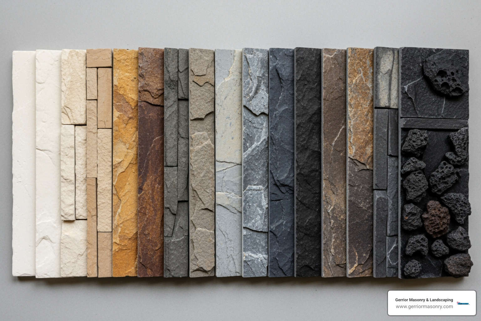 stone veneer color swatches from light to dark tones - Fireplace stone veneer