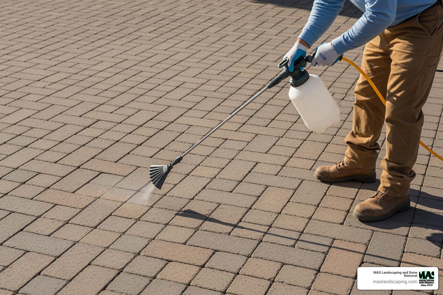 paver sealant being applied with a sprayer - how to seal paving