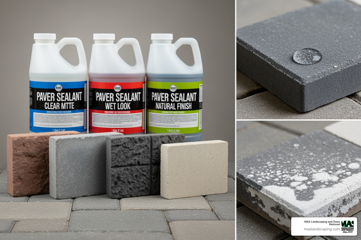 different types of paver sealants in their containers; Paver types; Sealer options; Timing; Efflorescence; Water test; Sealer selection - how to seal paving