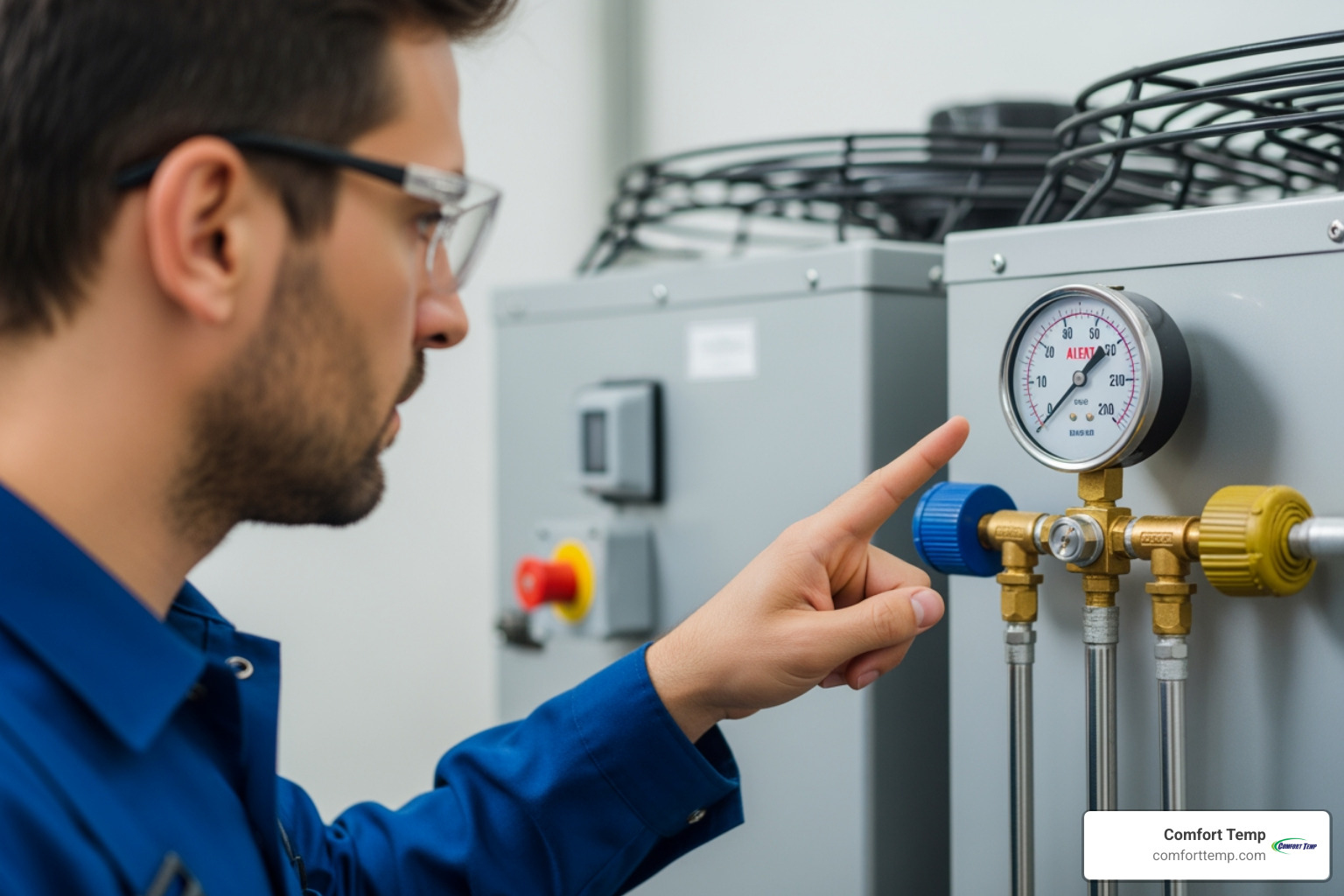 technician pointing to a pressure gauge on a chiller with an alert reading - chiller repair technician pointing to a pressure gauge on a chiller with an alert reading - chiller repair