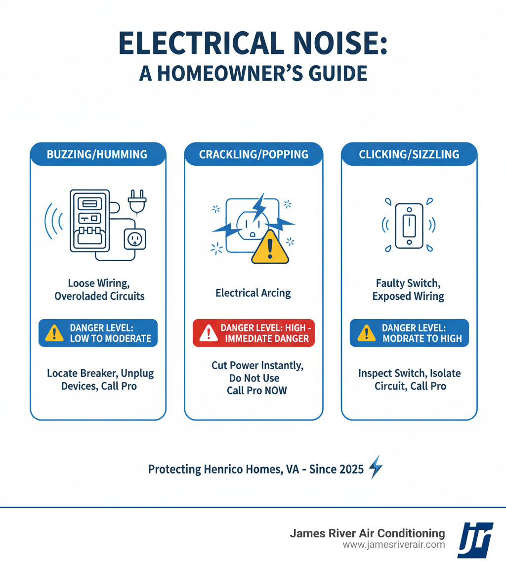 Infographic showing three types of electrical noises with illustrations: buzzing/humming sounds from loose wiring or overloaded circuits shown near an electrical panel; crackling/popping sounds from electrical arcing shown at a wall outlet with warning symbols; clicking/sizzling sounds from faulty switches or exposed wiring shown at a light switch, each with corresponding danger levels and recommended actions - electrical making noise in henrico, va infographic Infographic showing three types of electrical noises with illustrations: buzzing/humming sounds from loose wiring or overloaded circuits shown near an electrical panel; crackling/popping sounds from electrical arcing shown at a wall outlet with warning symbols; clicking/sizzling sounds from faulty switches or exposed wiring shown at a light switch, each with corresponding danger levels and recommended actions - electrical making noise in henrico, va infographic