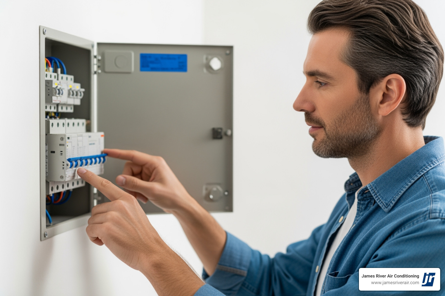 homeowner safely looking at their home's circuit breaker panel - electrical making noise in henrico, va homeowner safely looking at their home's circuit breaker panel - electrical making noise in henrico, va
