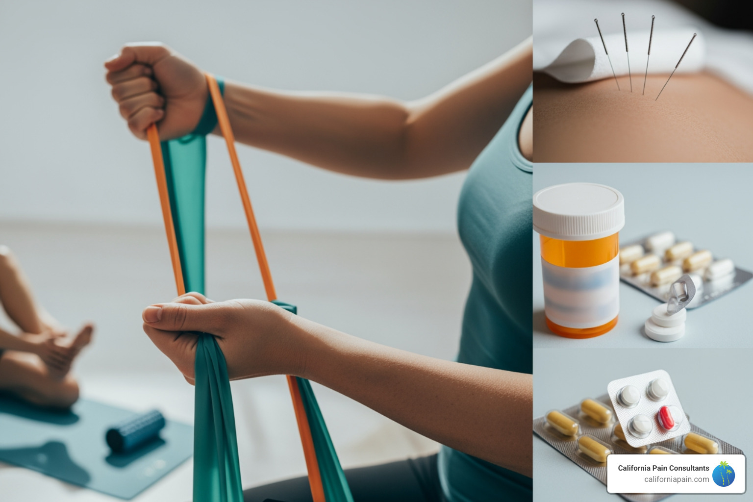 collage of physical therapy, acupuncture, and medication - non-opioid pain management