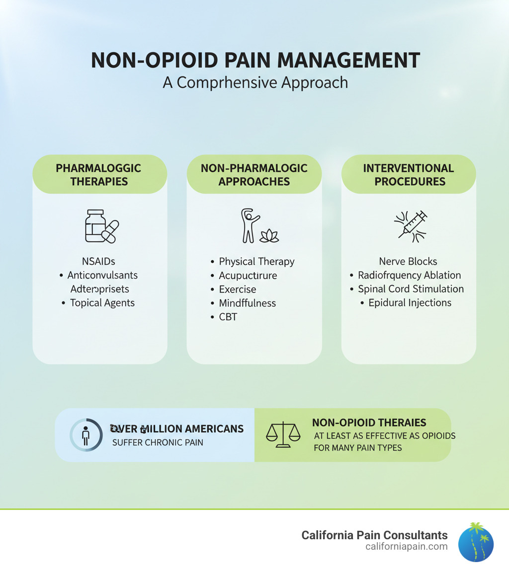 infographic showing the three main categories of non-opioid pain management: pharmacologic therapies including NSAIDs and anticonvulsants, non-pharmacologic approaches including physical therapy and acupuncture, and interventional procedures including nerve blocks and radiofrequency ablation, with statistics showing over 50 million Americans suffer from chronic pain and non-opioid therapies are at least as effective as opioids for many pain types - non-opioid pain management infographic 