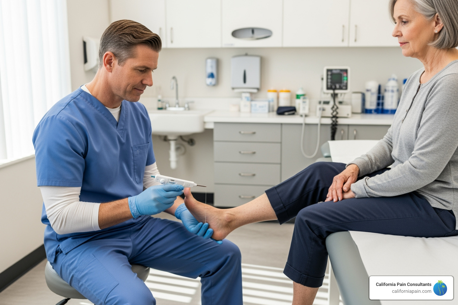 Doctor examining a patient's foot with a monofilament - neuropathy treatment