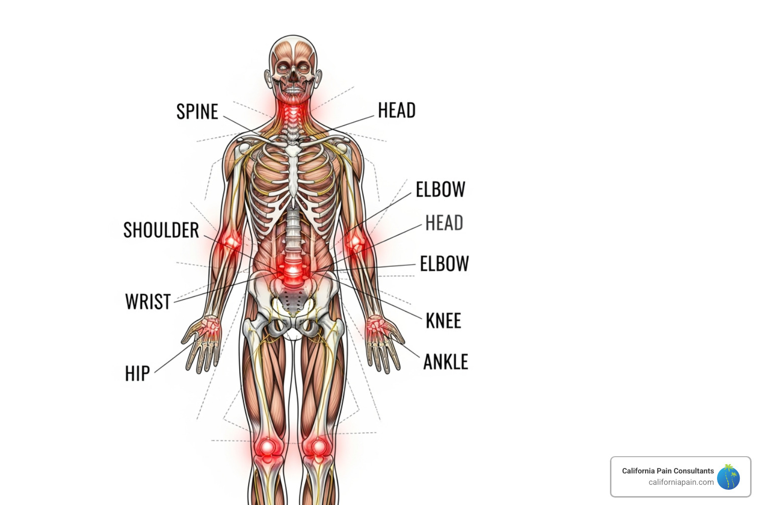 illustrating common pain areas like the spine, head, and joints - intractable pain