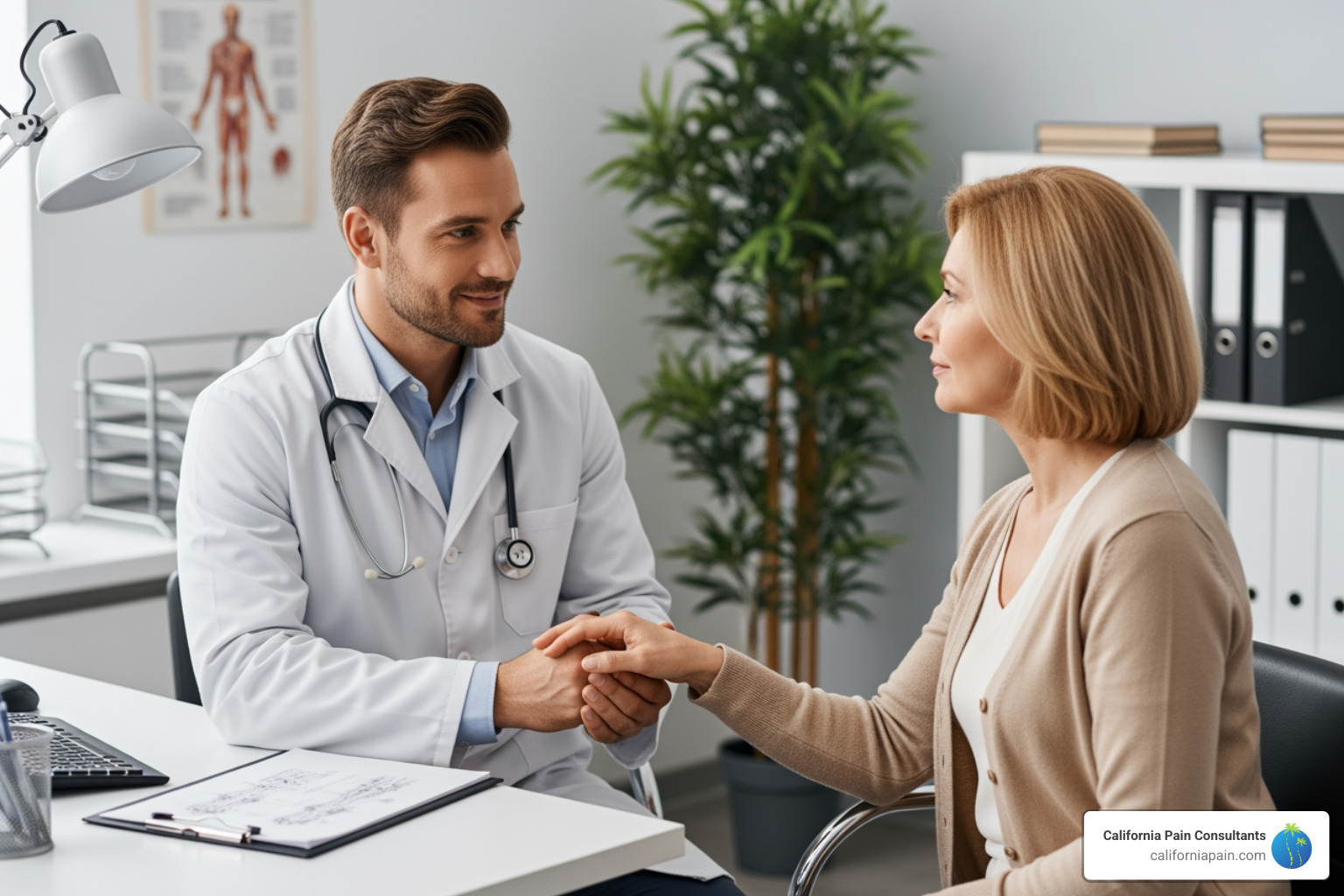 A doctor compassionately consulting with a patient, holding their hand and making eye contact, demonstrating empathy and trust - back pain treatment San Diego