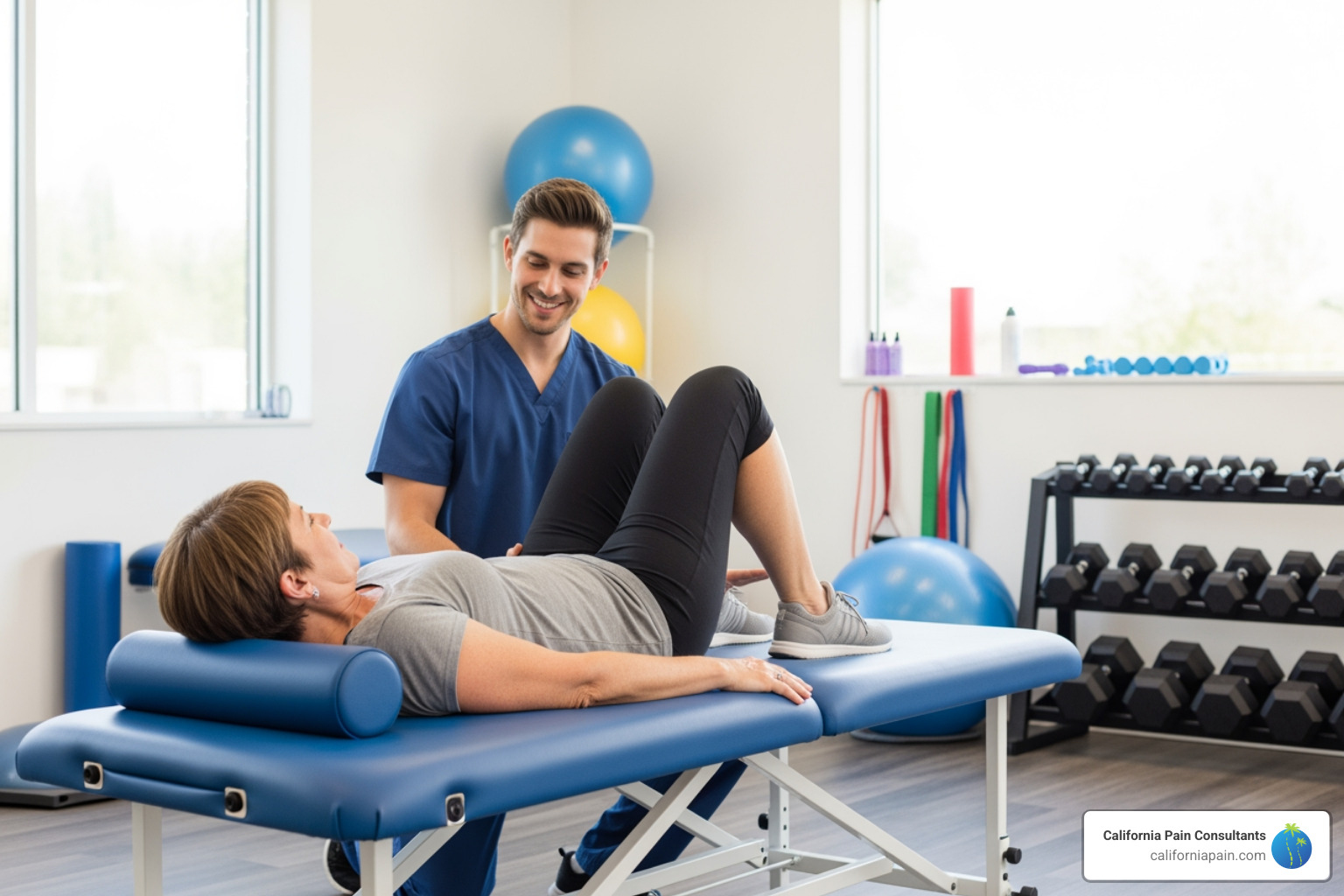 A patient working with a physical therapist, performing exercises to strengthen their core muscles and improve flexibility - back pain treatment San Diego