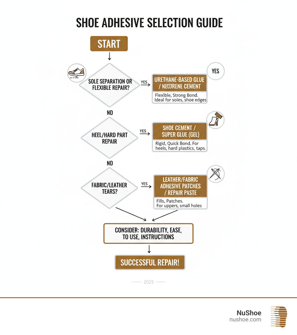 flowchart on choosing best adhesive - shoe repair kit infographic 