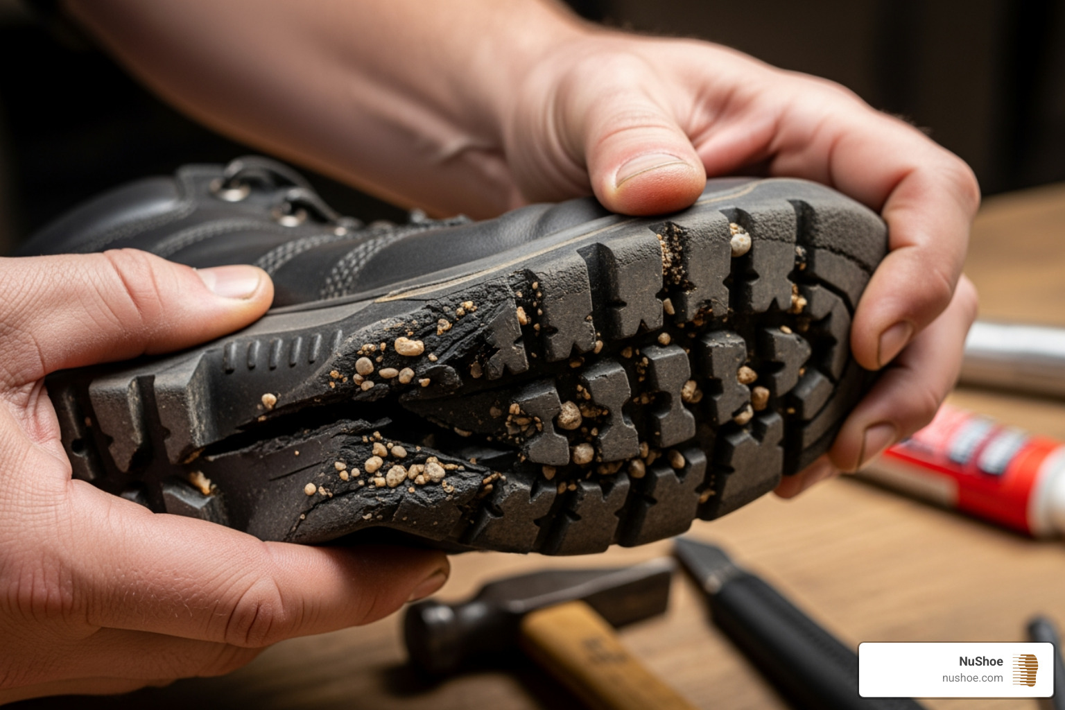 person examining worn boot sole - shoe repair kit