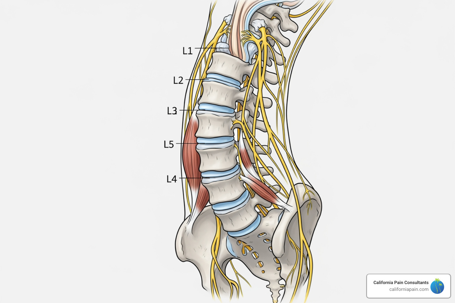 illustration of the lumbar spine region, highlighting muscles, discs, and nerves - back pain treatment San Diego