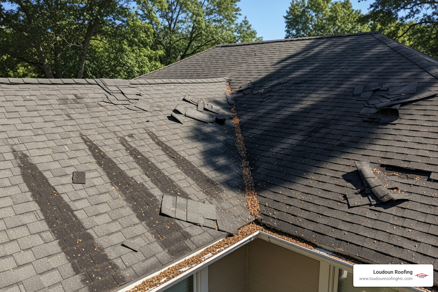 of a roof with clear signs of damage, such as curled or missing shingles and dark streaks. - roofing contractors residential