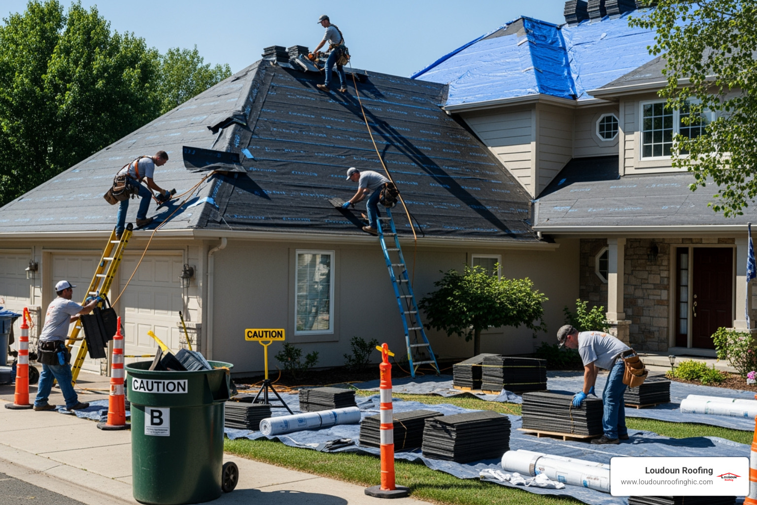 of a clean and organized roofing job site with a crew actively working. - roofing contractors residential