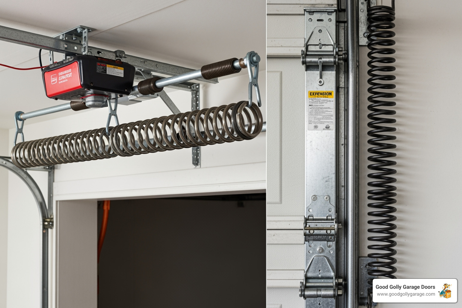 side-by-side comparison of a torsion spring (above the door) and an extension spring (along the side) - noisy garage door spring valley lake ca side-by-side comparison of a torsion spring (above the door) and an extension spring (along the side) - noisy garage door spring valley lake ca