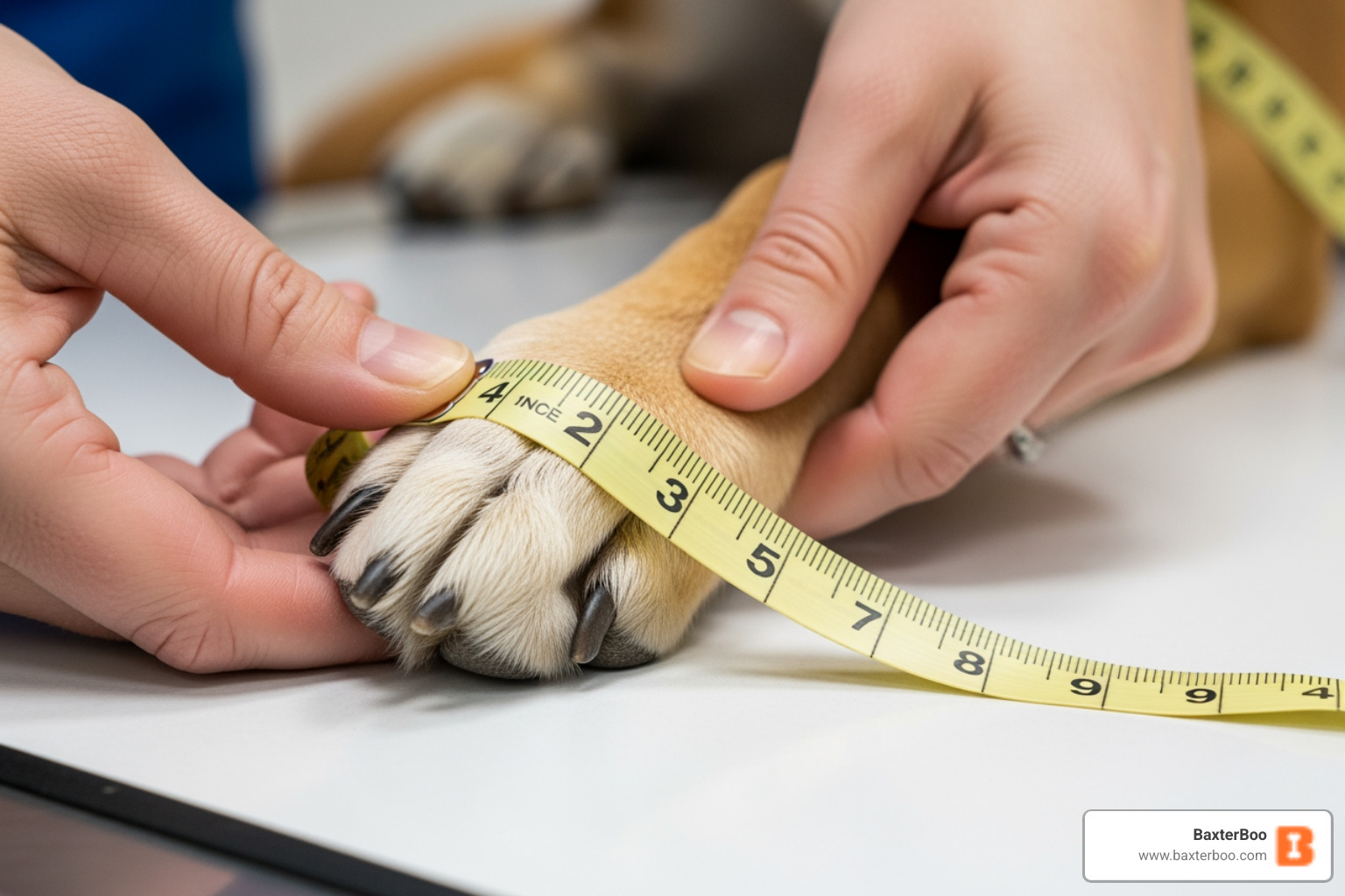 person measuring dog's paw - dog hiking boots