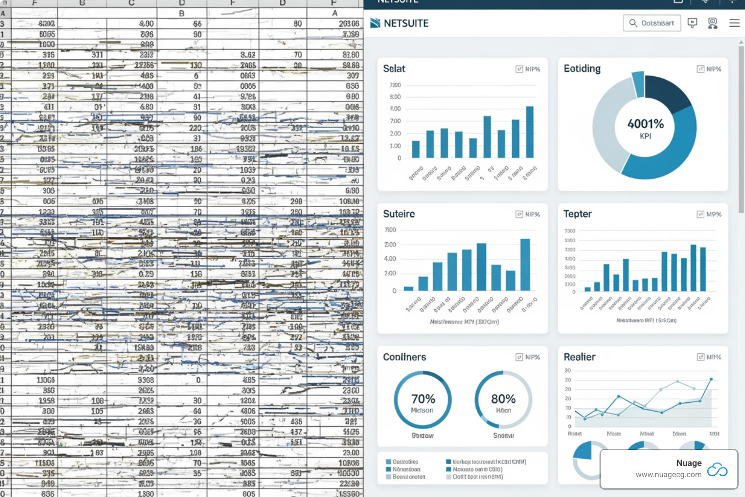 split screen showing a cluttered spreadsheet vs. a clean NetSuite dashboard - quickbooks to netsuite migration