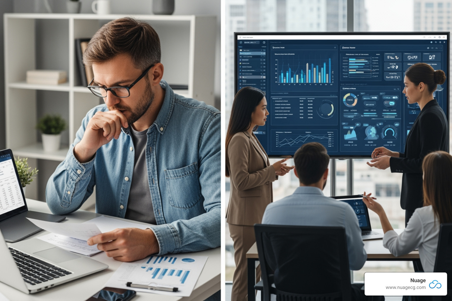 A split image showing a small business owner thoughtfully reviewing financial statements on one side, contrasted with a corporate team collaborating dynamically around a large screen displaying an integrated business analytics dashboard on the other. - quickbooks vs netsuite