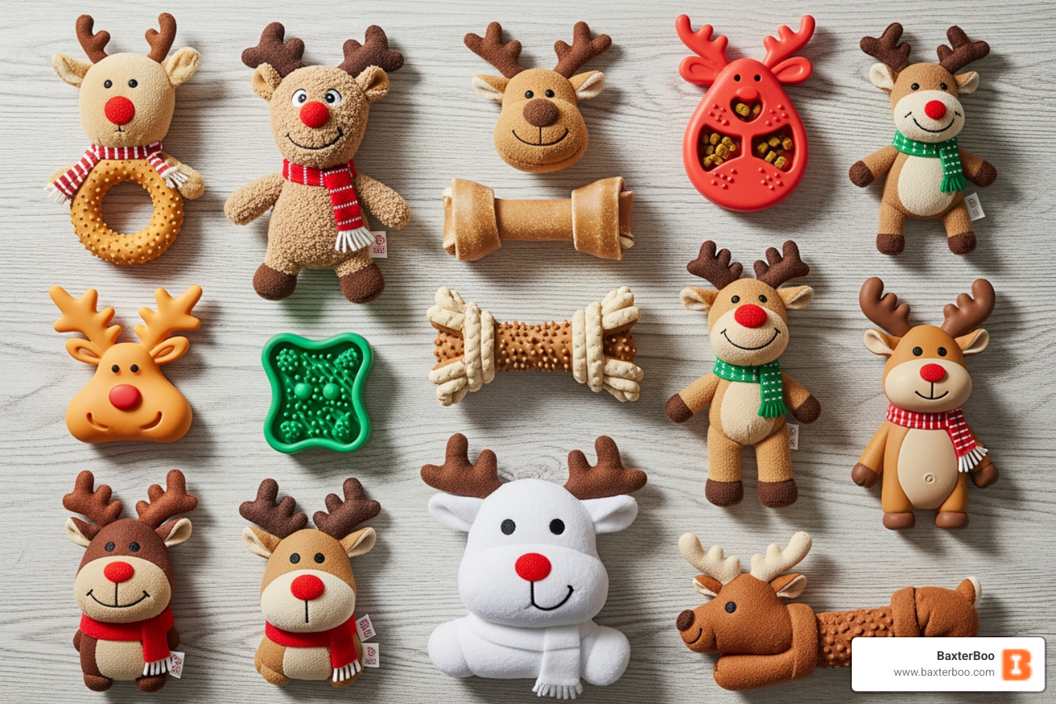 A collection of various reindeer dog chew toys, showing plush, rubber, and interactive designs. - Reindeer dog chew toy