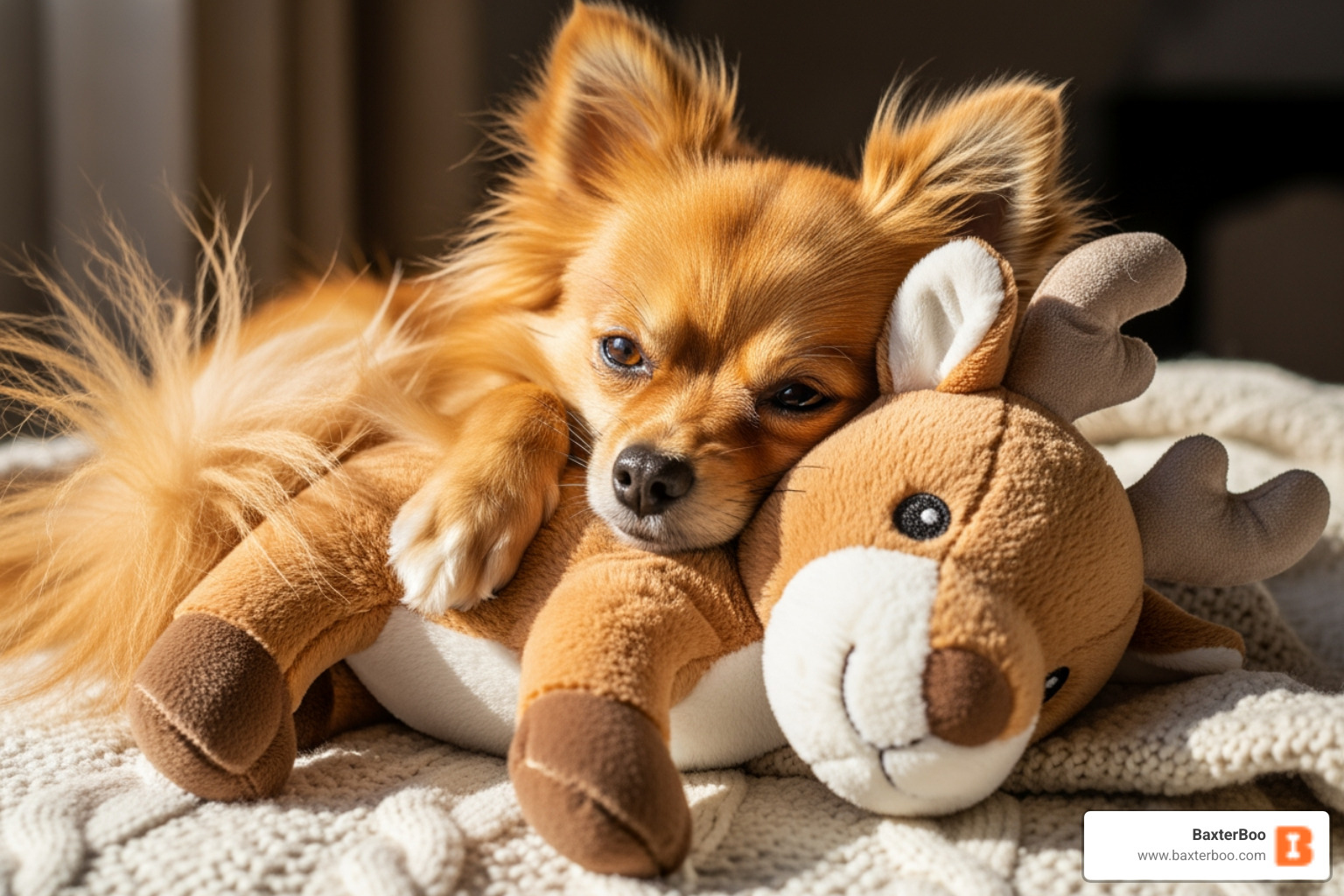 A small, fluffy dog cuddling affectionately with a soft, plush reindeer toy. - Reindeer dog chew toy