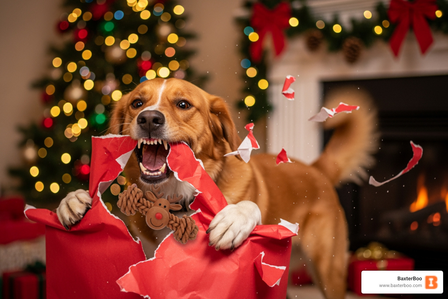 A happy dog excitedly unwrapping a reindeer toy with festive decorations in the background. - Reindeer dog chew toy