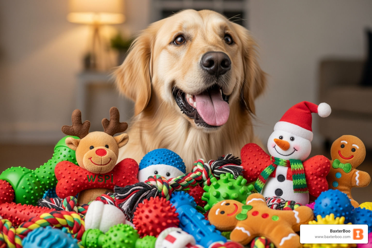 A happy dog surrounded by a variety of high-quality dog toys, including festive options. - Reindeer dog chew toy