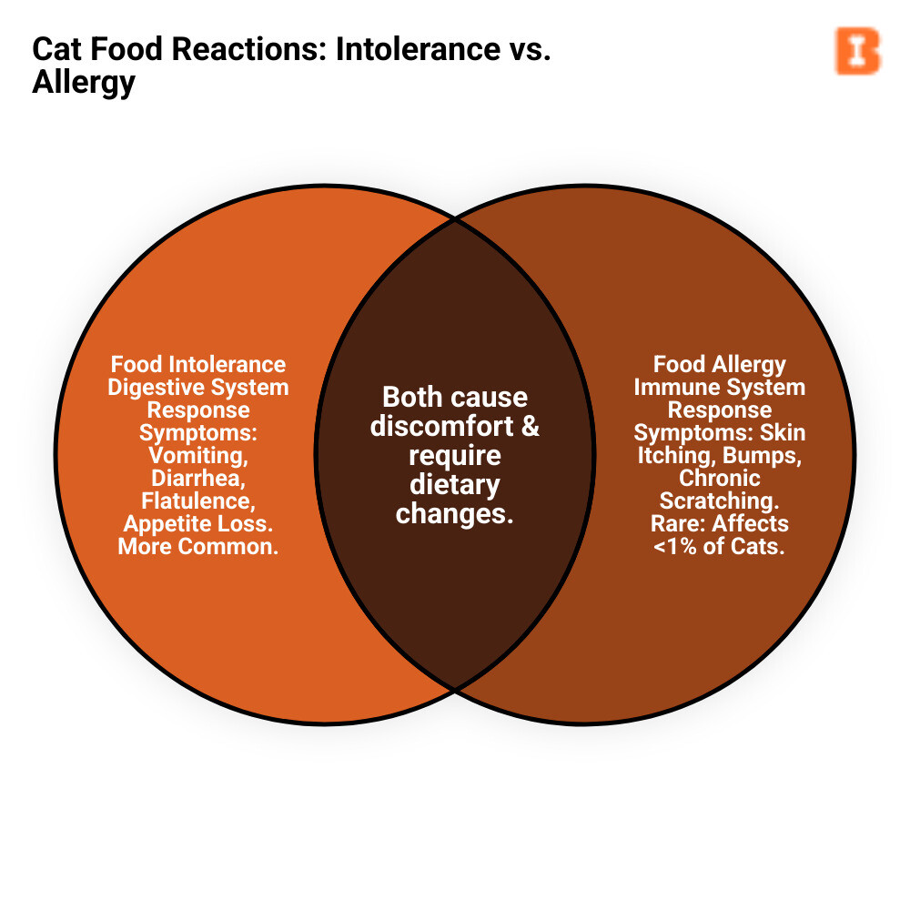 infographic showing the difference between food intolerance symptoms like vomiting diarrhea and flatulence versus food allergy symptoms like skin itching chronic scratching bumps on head and neck with percentages showing food intolerances are more common while true food allergies affect less than 1 percent of cats - Sensitive stomach cat infographic venn_diagram