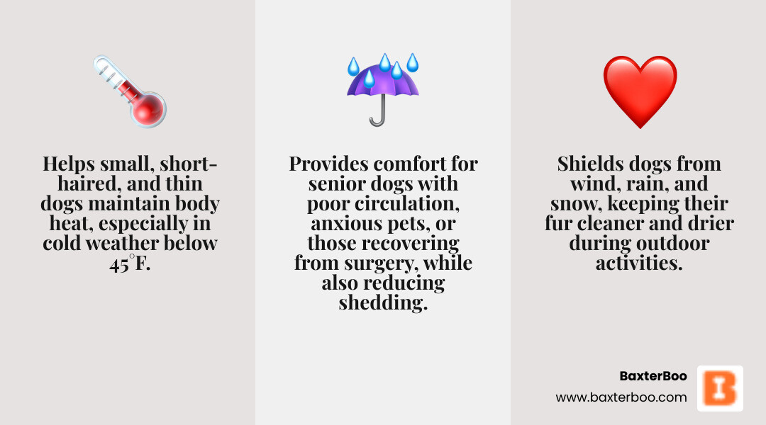 Infographic showing the top 3 benefits of dog sweaters: 1. Temperature Regulation - Helps small and short-haired breeds maintain body heat in cold weather, especially below 45°F. 2. Weather Protection - Shields dogs from wind, rain, and snow while keeping fur clean and dry during outdoor activities. 3. Comfort and Health - Provides warmth for senior dogs with poor circulation, anxious pets, and dogs recovering from surgery, while reducing furniture shedding indoors. - dog sweaters infographic 3_facts_emoji_grey Infographic showing the top 3 benefits of dog sweaters: 1. Temperature Regulation - Helps small and short-haired breeds maintain body heat in cold weather, especially below 45°F. 2. Weather Protection - Shields dogs from wind, rain, and snow while keeping fur clean and dry during outdoor activities. 3. Comfort and Health - Provides warmth for senior dogs with poor circulation, anxious pets, and dogs recovering from surgery, while reducing furniture shedding indoors. - dog sweaters infographic 3_facts_emoji_grey
