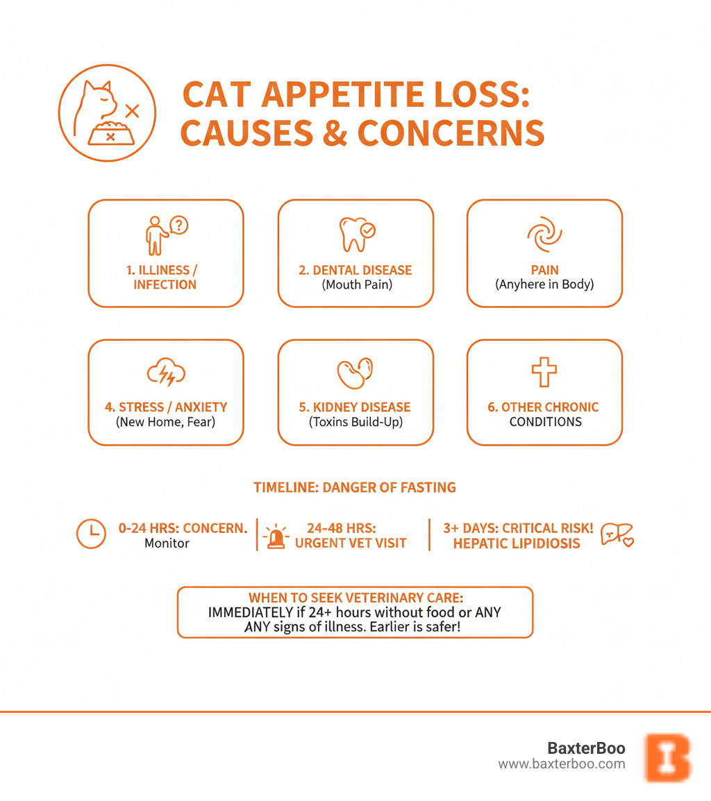 infographic showing common causes of cat appetite loss including illness, dental disease, pain, stress, kidney disease, and when to seek veterinary care - with a timeline showing that cats who don't eat for 3+ days are at risk of hepatic lipidosis - appetite stimulant for cats infographic infographic showing common causes of cat appetite loss including illness, dental disease, pain, stress, kidney disease, and when to seek veterinary care - with a timeline showing that cats who don't eat for 3+ days are at risk of hepatic lipidosis - appetite stimulant for cats infographic