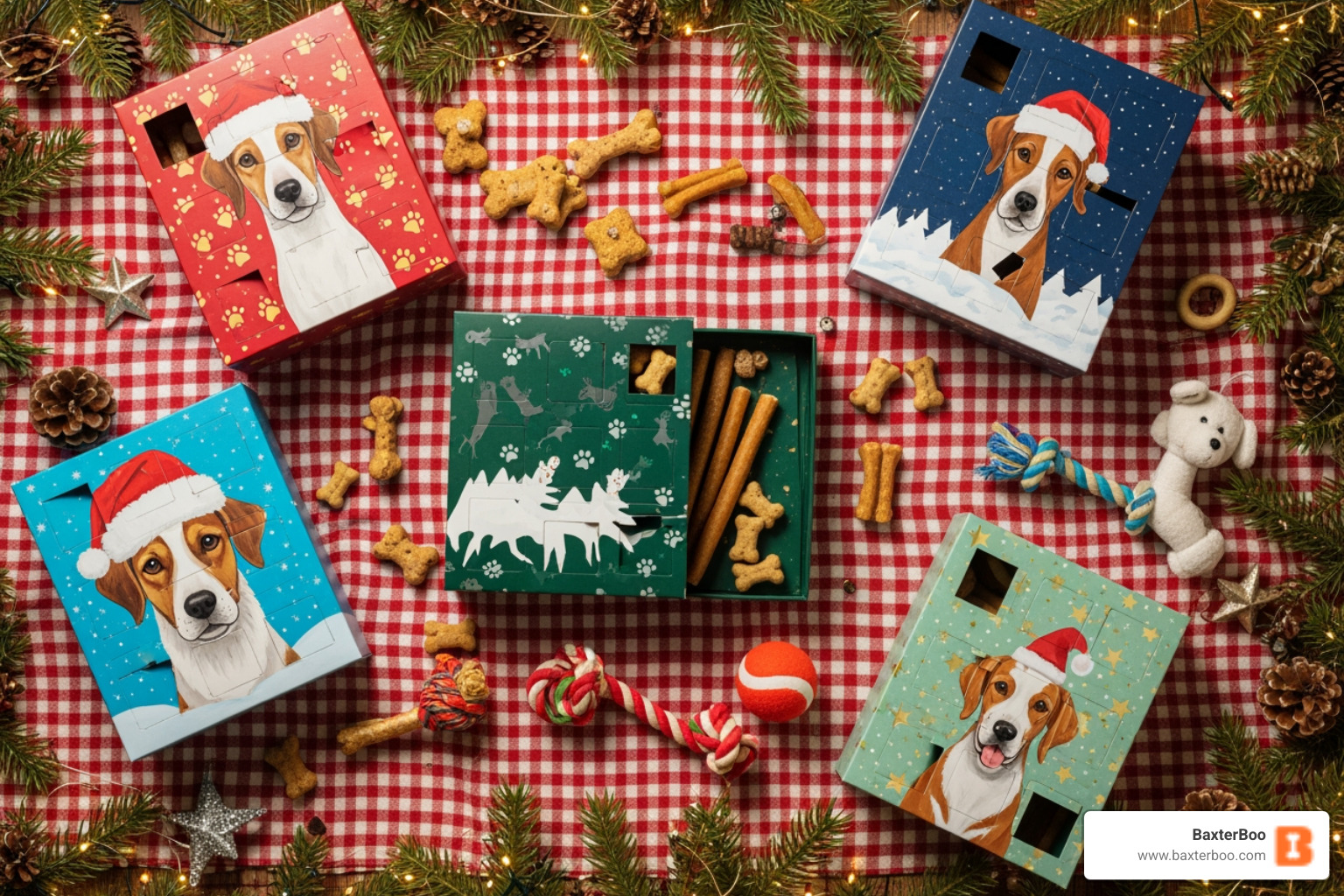 flat lay of various dog advent calendars - christmas dog advent calendar