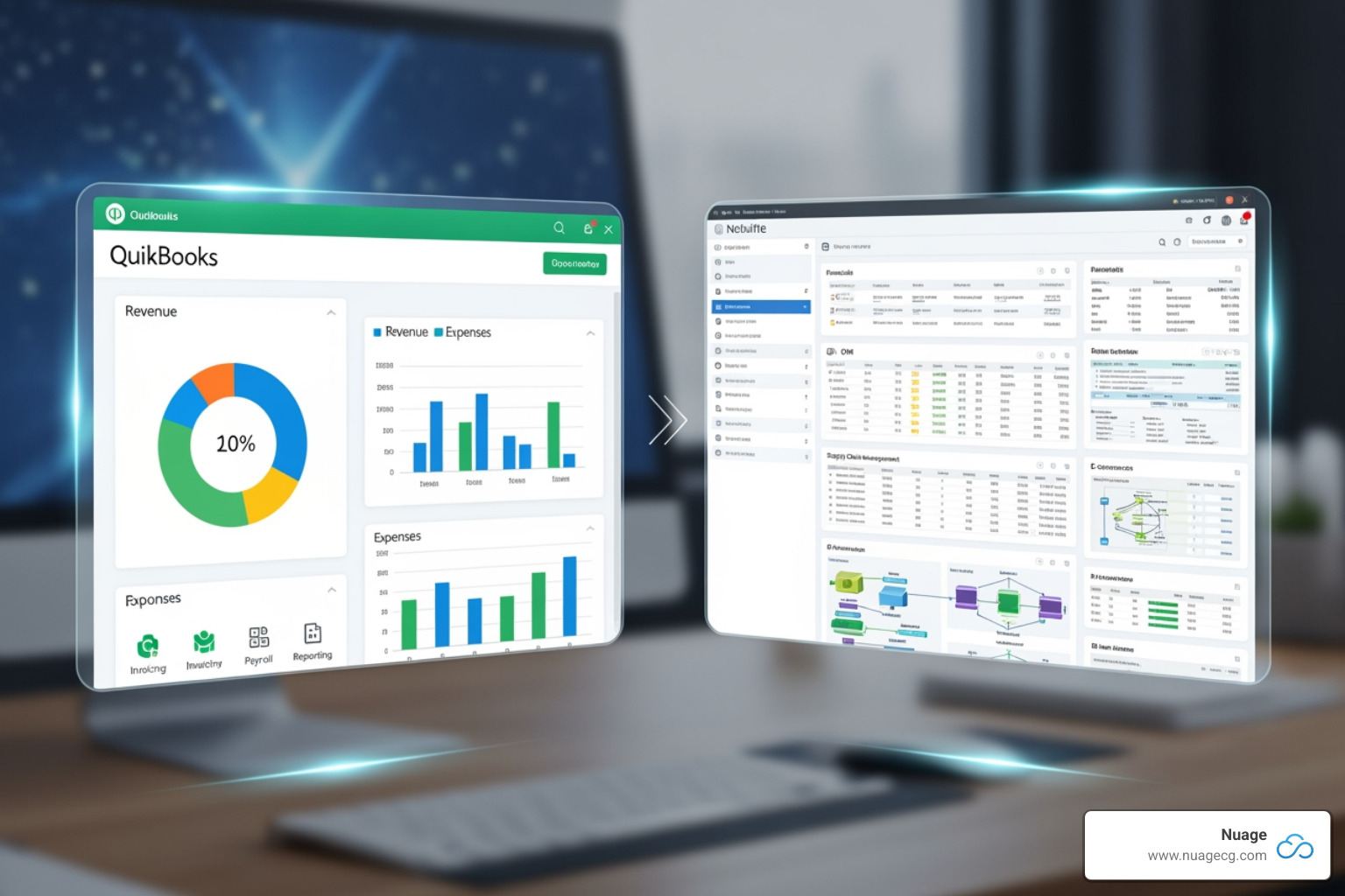 Image of a piggy bank labeled "QuickBooks" next to a detailed investment portfolio labeled "NetSuite", illustrating the difference in investment scale and complexity. - quickbooks vs netsuite