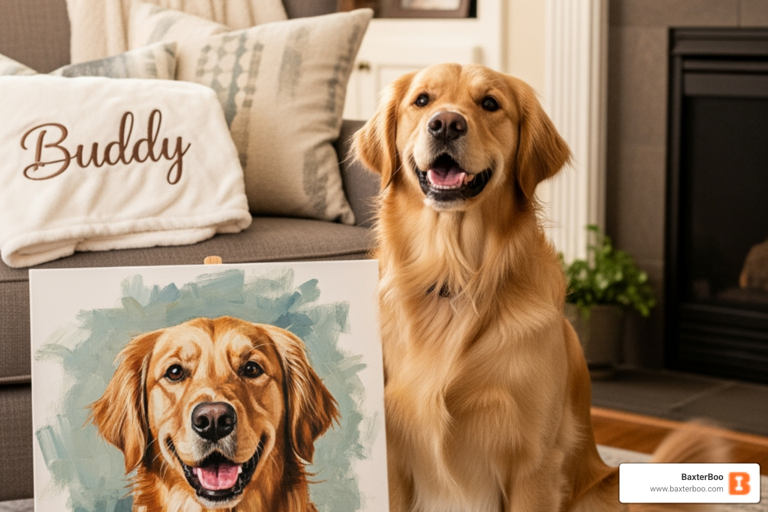 A dog next to a custom portrait and a personalized blanket - Christmas & Holiday Pet Gifts (General)