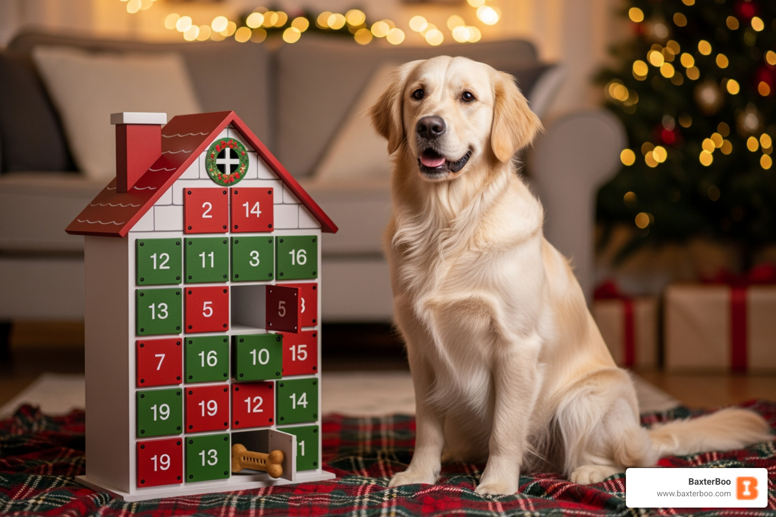 a person reading the back of a dog treat package - christmas dog advent calendar